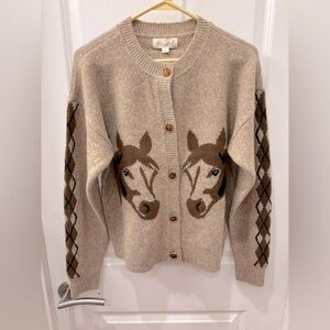 NWT Marled wool blend Horse and Argyle Cardigan -L